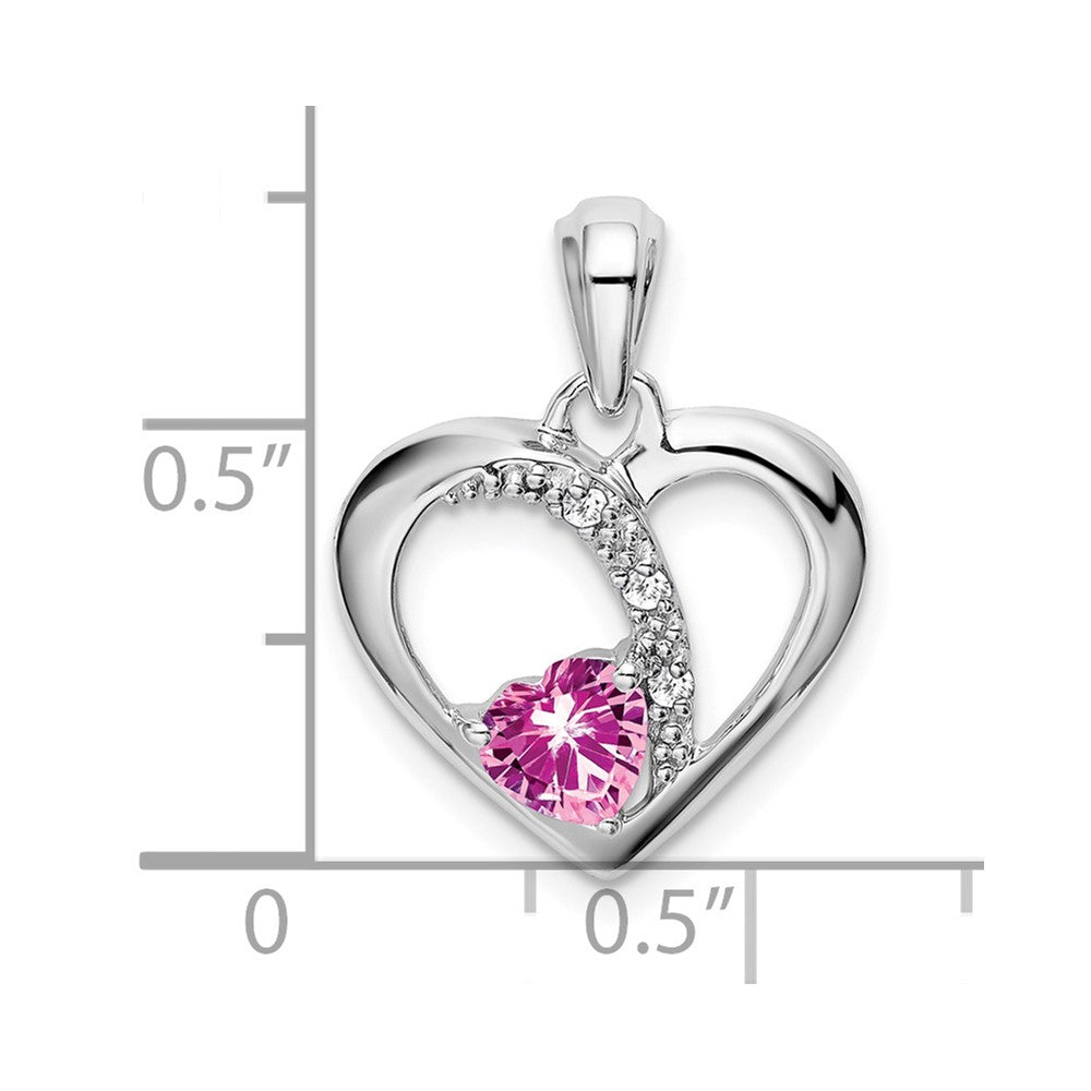 14k White Gold Created Pink Sapphire and Real Diamond Heart Pendant