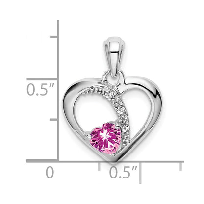 14k White Gold Created Pink Sapphire and Real Diamond Heart Pendant