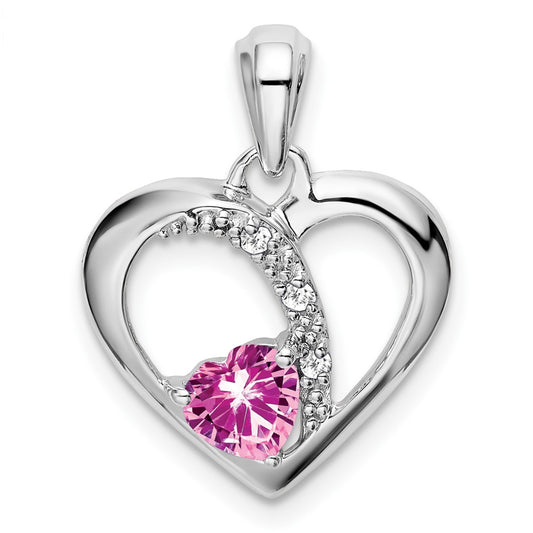 14k White Gold Created Pink Sapphire and Real Diamond Heart Pendant