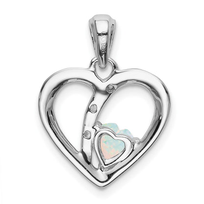 14k White Gold Created Opal and Real Diamond Heart Pendant
