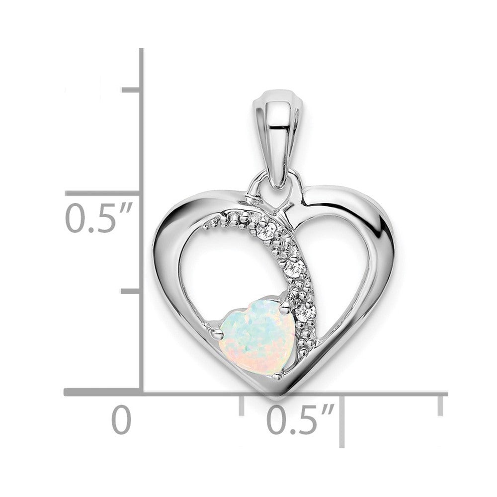 14k White Gold Created Opal and Real Diamond Heart Pendant