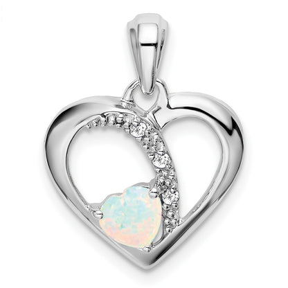 14k White Gold Created Opal and Real Diamond Heart Pendant
