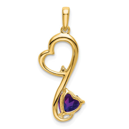 Solid 14k Yellow Gold Simulated Amethyst and CZ Heart Pendant