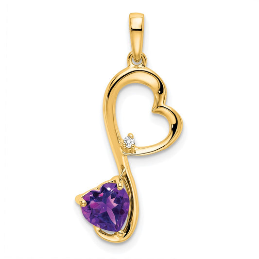 14K Yellow Gold Amethyst and Real Diamond Heart Pendant