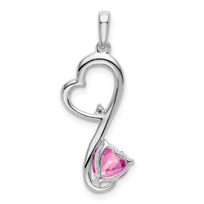 14k White Gold Created Pink Sapphire and Real Diamond Heart Pendant