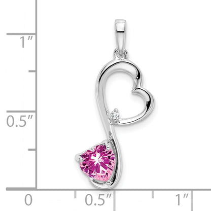 14k White Gold Created Pink Sapphire and Real Diamond Heart Pendant