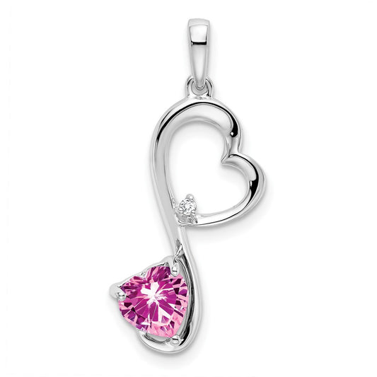 14k White Gold Created Pink Sapphire and Real Diamond Heart Pendant