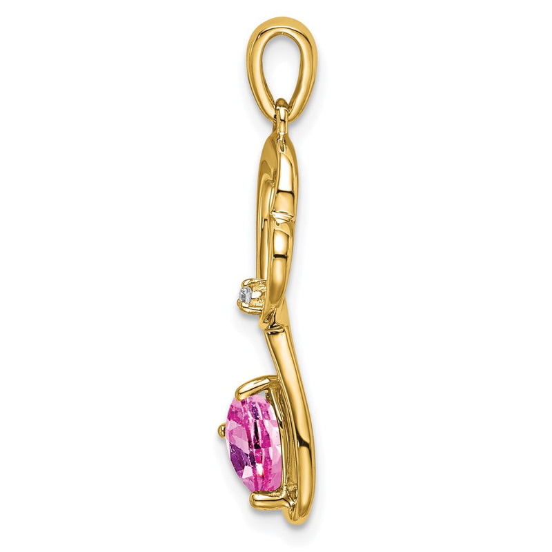 14K Yellow Gold Created Pink Sapphire and Real Diamond Heart Pendant