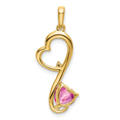 14K Yellow Gold Created Pink Sapphire and Real Diamond Heart Pendant