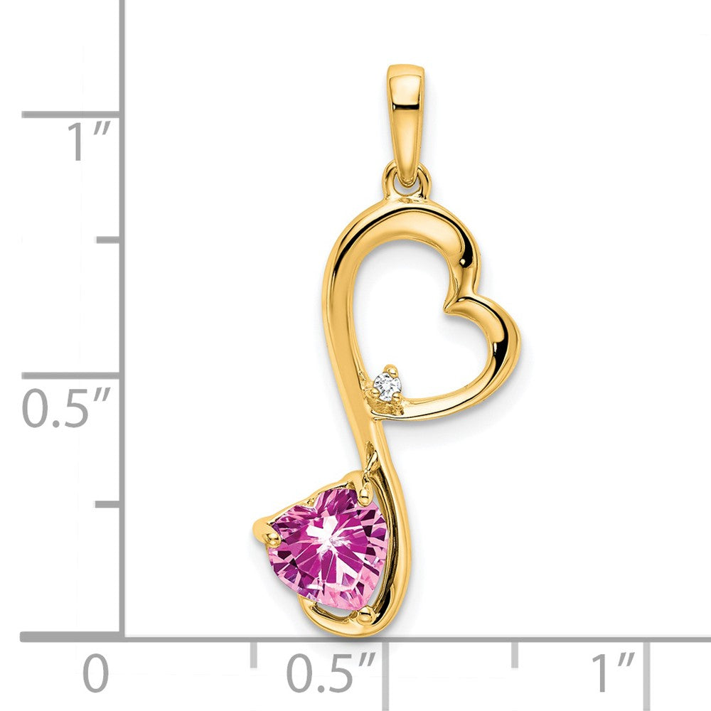 14K Yellow Gold Created Pink Sapphire and Real Diamond Heart Pendant