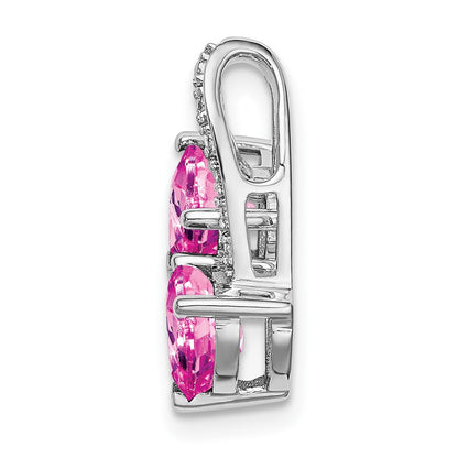 14k White Gold Created Pink Sapphire and Real Diamond 2-Heart Pendant