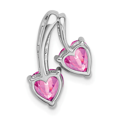 14k White Gold Created Pink Sapphire and Real Diamond 2-Heart Pendant