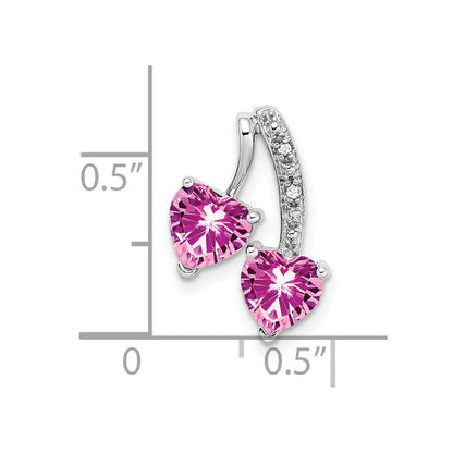 14k White Gold Created Pink Sapphire and Real Diamond 2-Heart Pendant