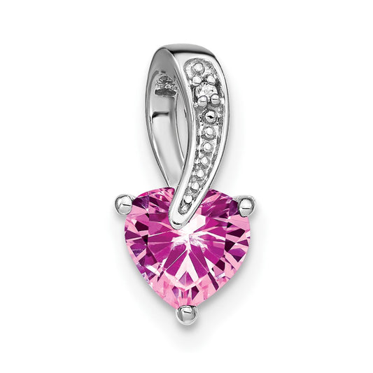14k White Gold Created Pink Sapphire and Real Diamond Heart Pendant
