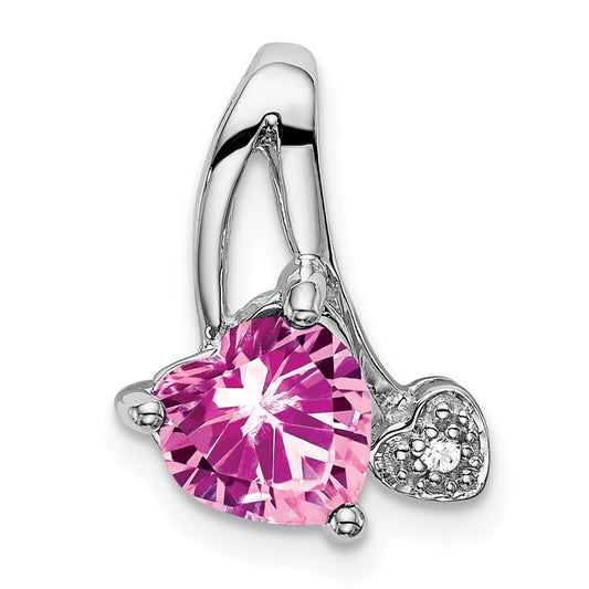 14k White Gold Created Pink Sapphire and Real Diamond Heart Pendant