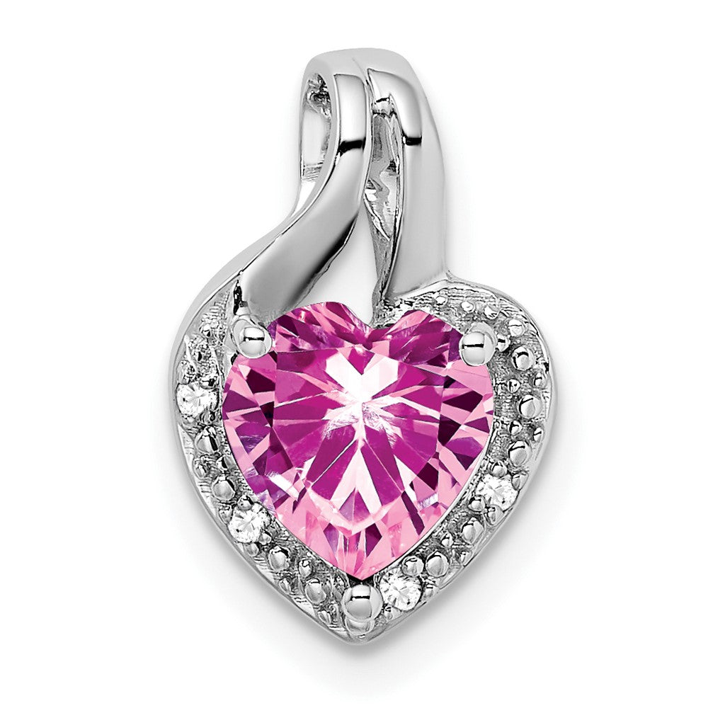 14k White Gold Created Pink Sapphire and Real Diamond Heart Pendant