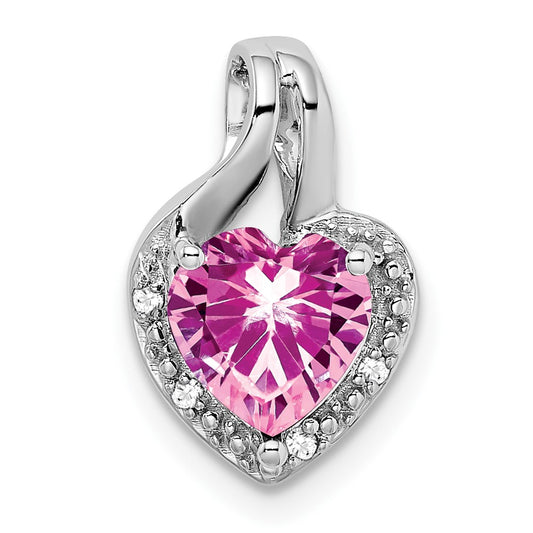14k White Gold Created Pink Sapphire and Real Diamond Heart Pendant