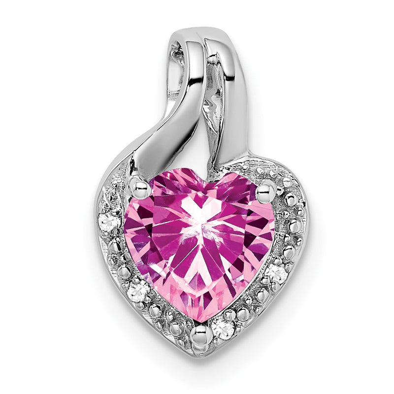 14k White Gold Created Pink Sapphire and Real Diamond Heart Pendant
