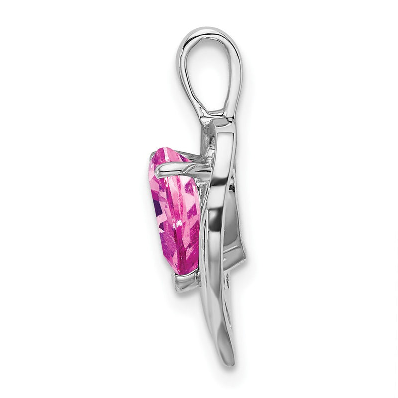 14k White Gold Created Pink Sapphire and Real Diamond Heart Pendant