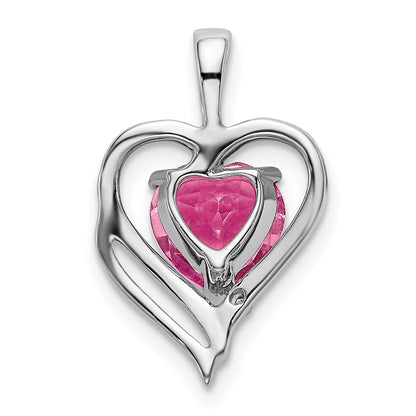 14k White Gold Created Pink Sapphire and Real Diamond Heart Pendant