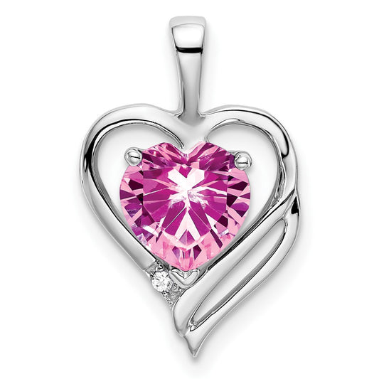 14k White Gold Created Pink Sapphire and Real Diamond Heart Pendant