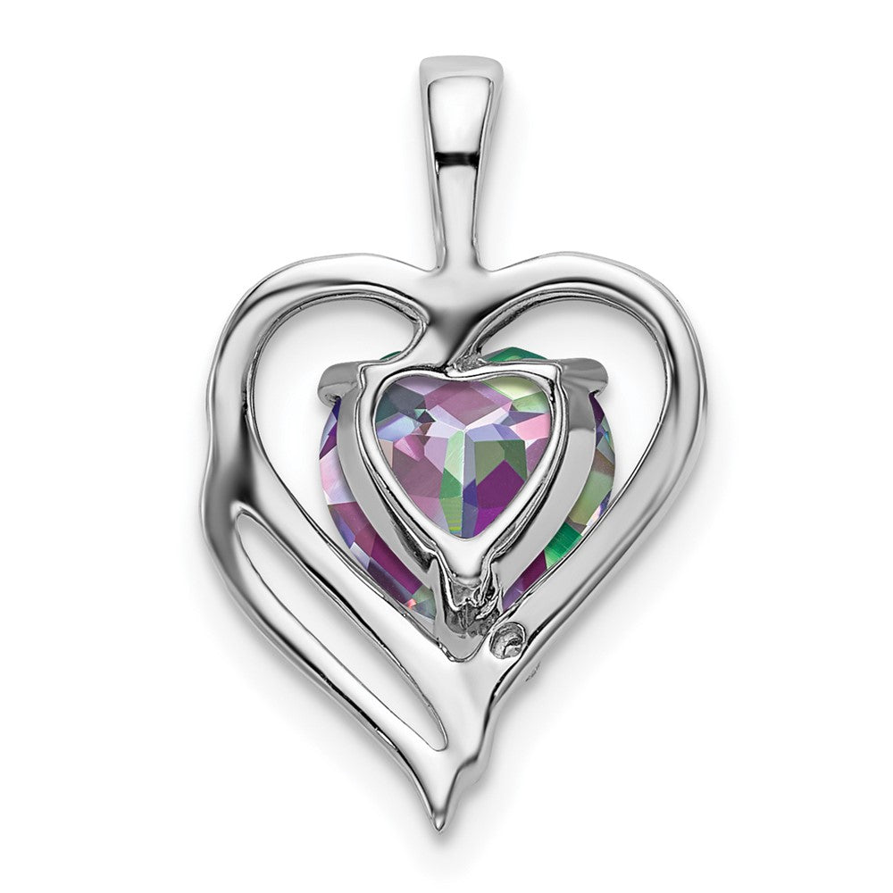 14k White Gold Mystic Fire Topaz and Real Diamond Heart Pendant