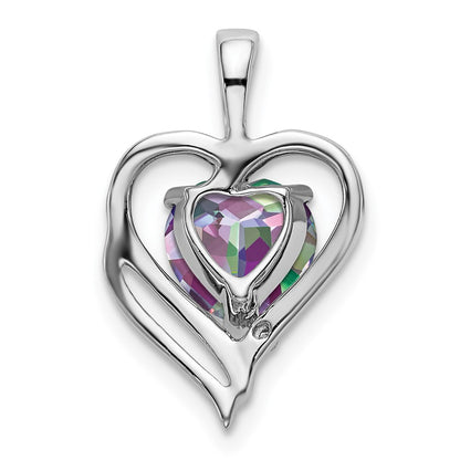 14k White Gold Mystic Fire Topaz and Real Diamond Heart Pendant
