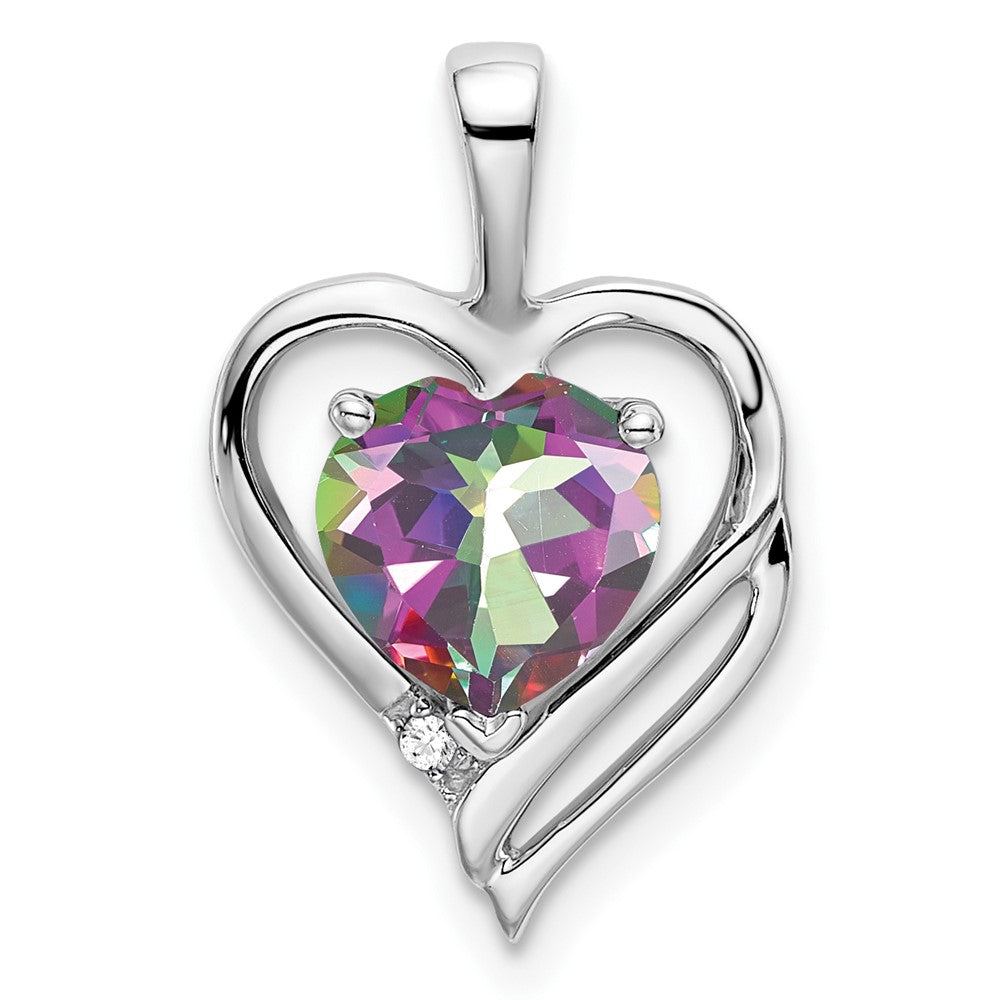 14k White Gold Mystic Fire Topaz and Real Diamond Heart Pendant