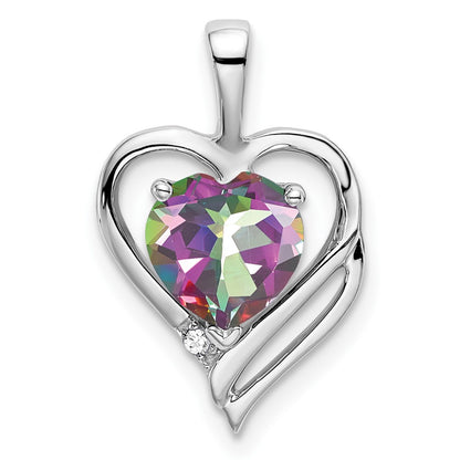 14k White Gold Mystic Fire Topaz and Real Diamond Heart Pendant