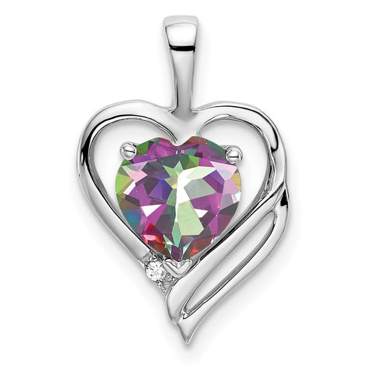 14k White Gold Mystic Fire Topaz and Real Diamond Heart Pendant