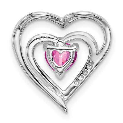 14k White Gold Created Pink Sapphire and Real Diamond Heart Pendant