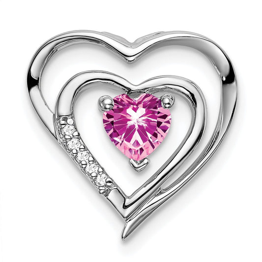 14k White Gold Created Pink Sapphire and Real Diamond Heart Pendant