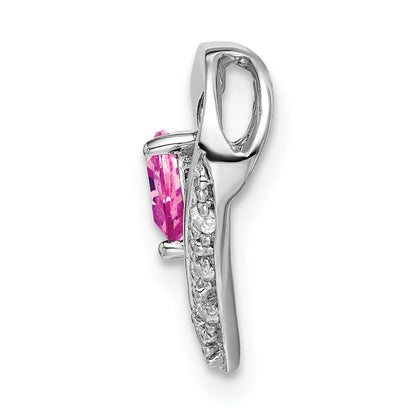 14k White Gold Created Pink Sapphire and Real Diamond Heart Pendant