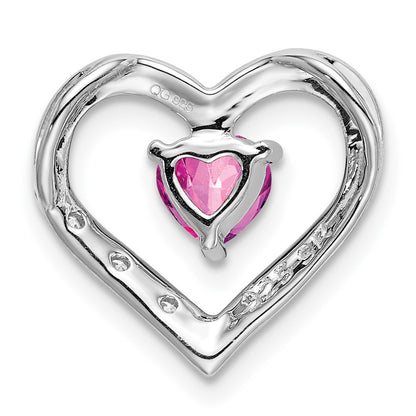 14k White Gold Created Pink Sapphire and Real Diamond Heart Pendant
