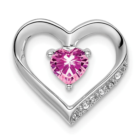 14k White Gold Created Pink Sapphire and Real Diamond Heart Pendant