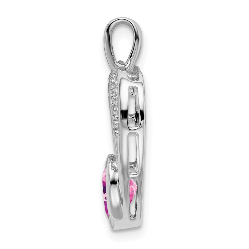 14k White Gold Created Pink Sapphire and Real Diamond Heart Pendant