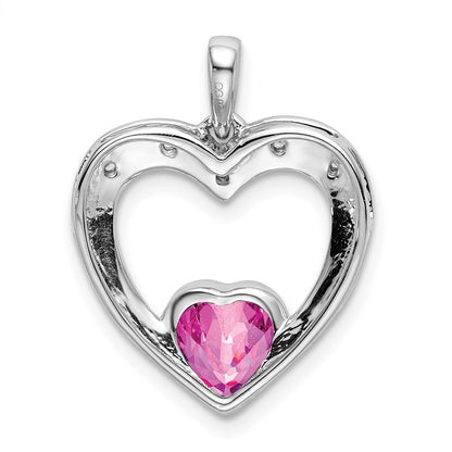 14k White Gold Created Pink Sapphire and Real Diamond Heart Pendant