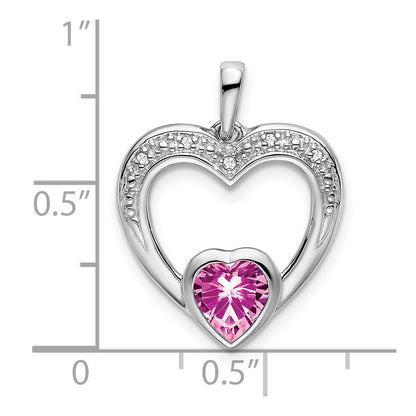 14k White Gold Created Pink Sapphire and Real Diamond Heart Pendant