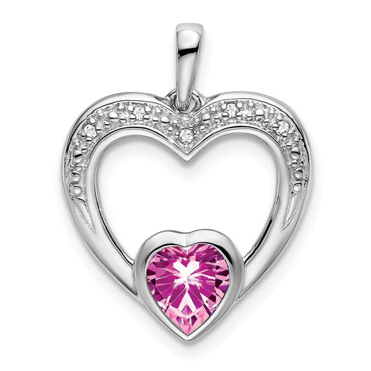 14k White Gold Created Pink Sapphire and Real Diamond Heart Pendant