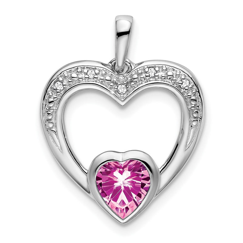 14k White Gold Created Pink Sapphire and Real Diamond Heart Pendant