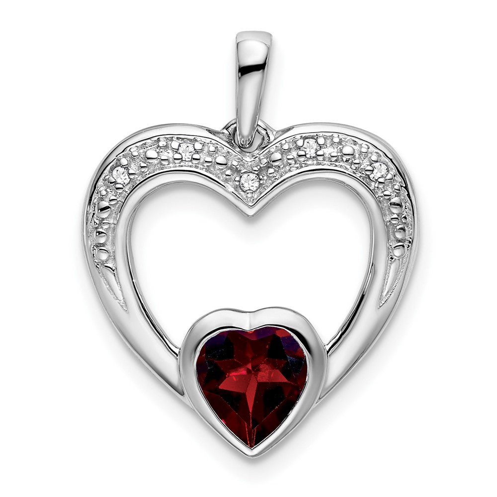 14k White Gold Garnet and Real Diamond Heart Pendant