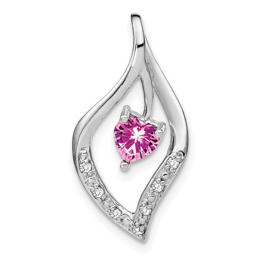 14k White Gold Created Pink Sapphire and Real Diamond Pendant