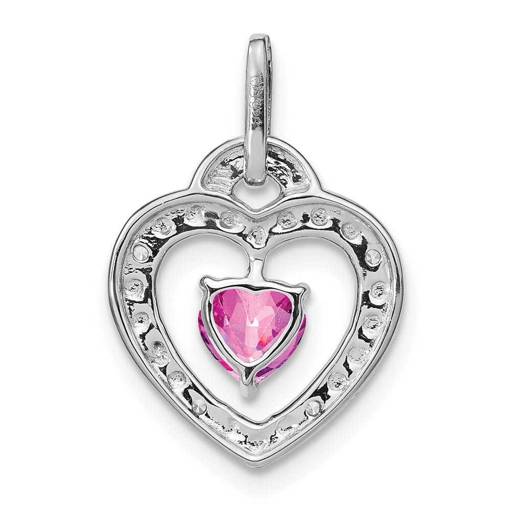 14k White Gold Created Pink Sapphire and Real Diamond Heart Pendant