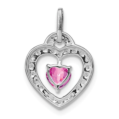14k White Gold Created Pink Sapphire and Real Diamond Heart Pendant