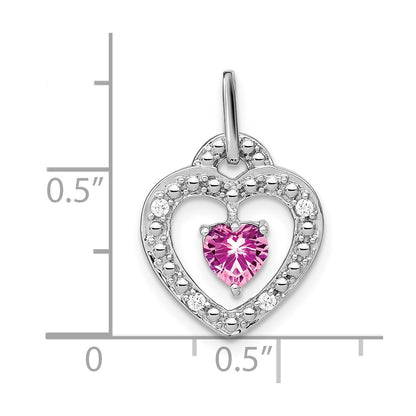 14k White Gold Created Pink Sapphire and Real Diamond Heart Pendant