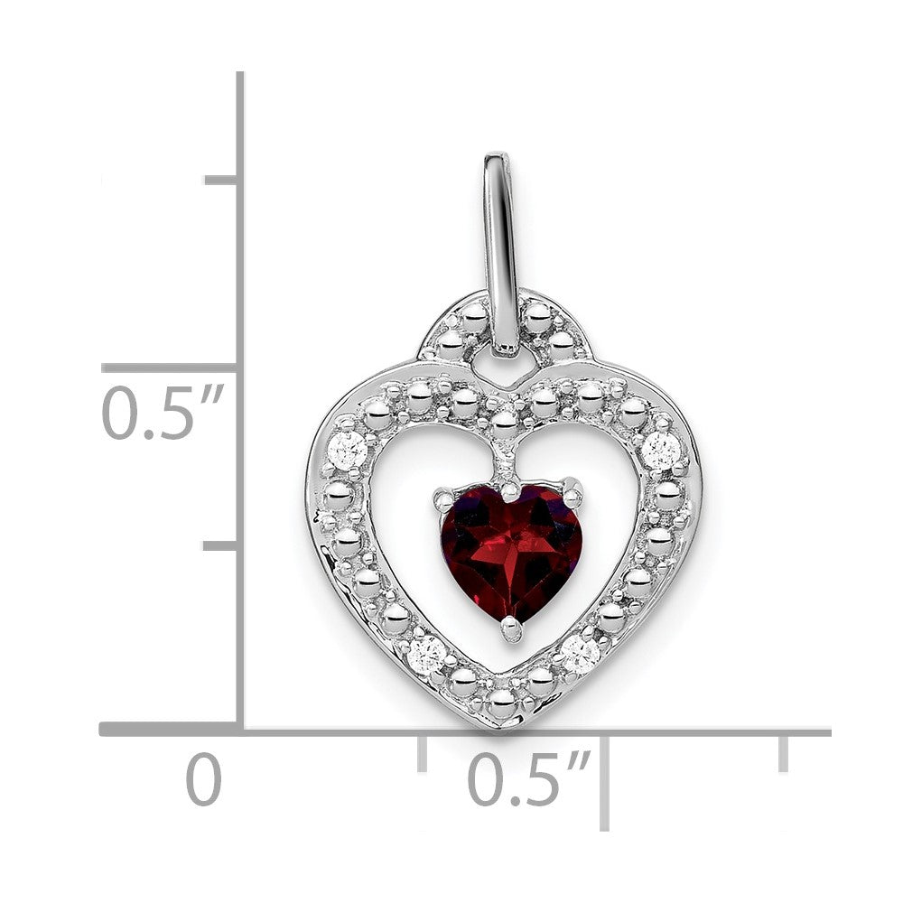 14k White Gold Garnet and Real Diamond Heart Pendant