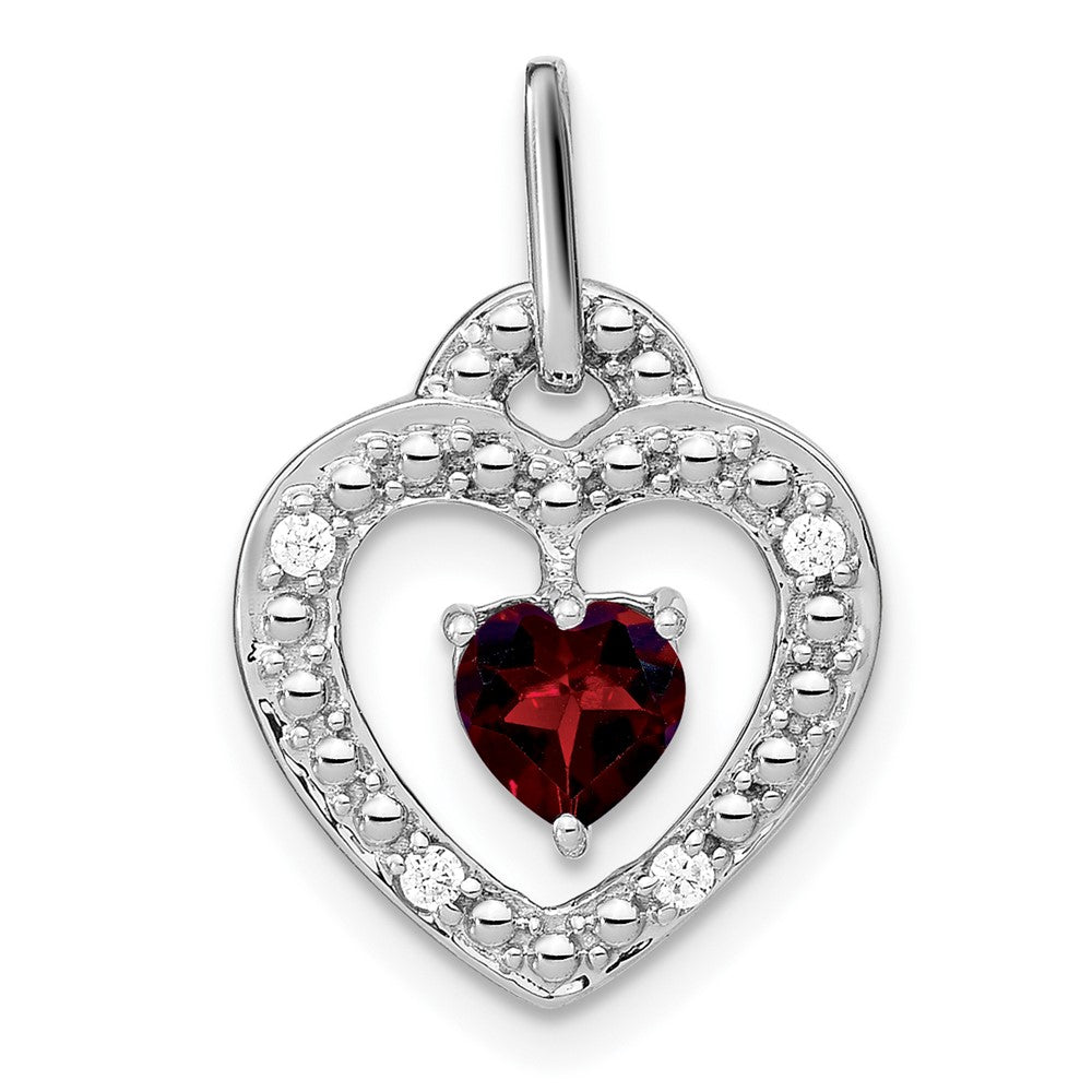 14k White Gold Garnet and Real Diamond Heart Pendant