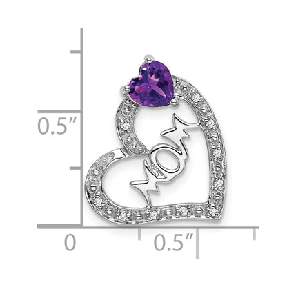 14k White Gold Amethyst and Real Diamond MOM Heart Pendant