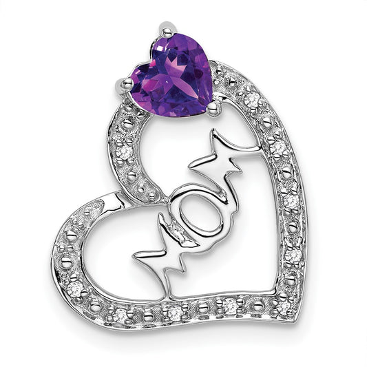 14k White Gold Amethyst and Real Diamond MOM Heart Pendant