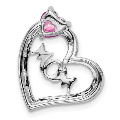 14k White Gold Created Pink Sapphire/Real Diamond MOM Heart Pendant